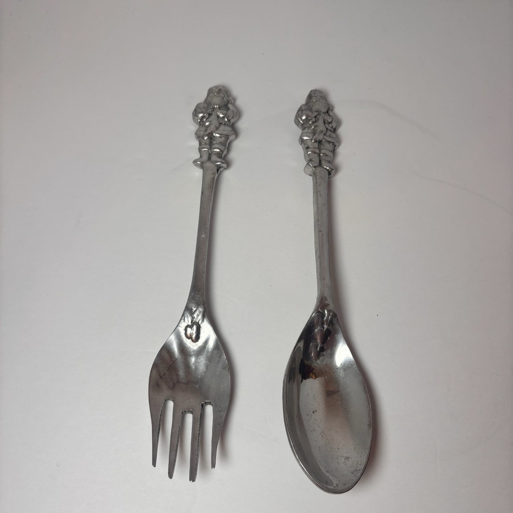 Vintage 12" Santa Claus Salad Serving Spoon Fork Set Christmas Silver Tone